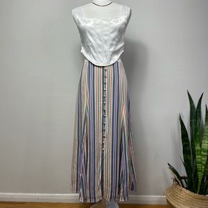 Anthropologie Maeve Freya MIDI Satin Skirt Multicolor Pinstripe Button Front